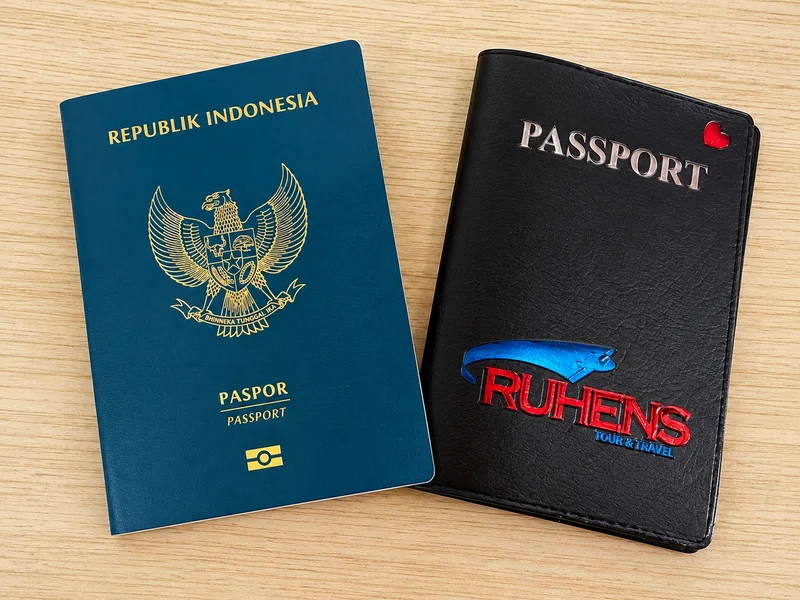 Paspor Indonesia dan sampul paspor hitam berlogo Ruhens di atas meja kayu.